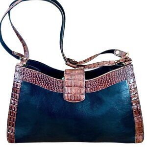 BRAHMIN Double Handle Shoulder Bag in Black with Brown Croc Trim REDUCED